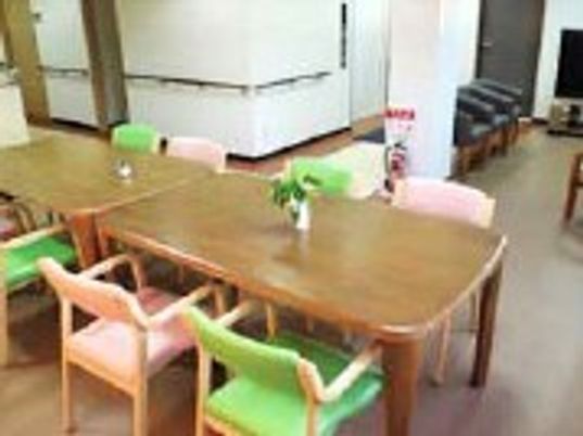 ダイニングテーブルには緑とピンクの椅子がセットされ、壁には手すりが設置されている。