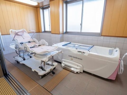 寝たまま入浴可能な寝台浴が設置された浴室。大きな窓があり、明るい雰囲気。
