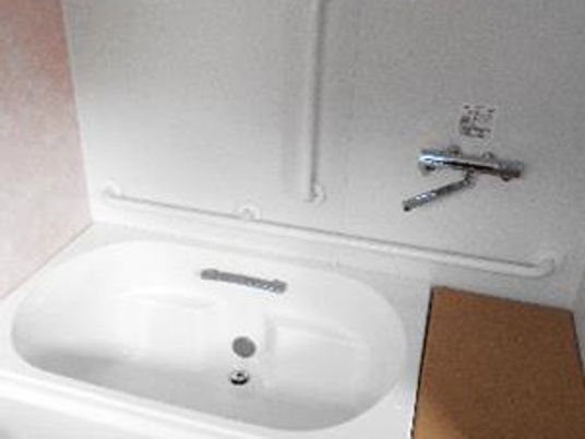 白い楕円形の浴槽の横にはベンチがあり、座ったままスムーズに浴槽に入ることができます。