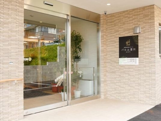 段差のないエントランスにはワイドタイプのスライド式のドアが設置され、観葉植物が飾られている。