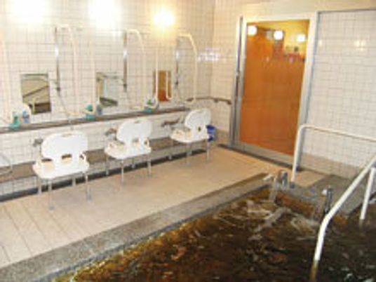 長方形の浴槽が手前にあり、奥にはシャワーチェアとシャワーがある。