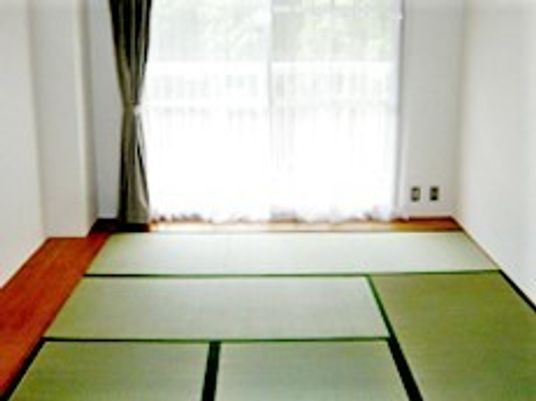 畳敷きの部屋には大きな窓が付き、レースカーテンとカーテンが付いている。