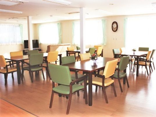 6人掛けのダイニングテーブルには緑や黄色のカラフルないすがセットされた食堂は日当たりもよい。