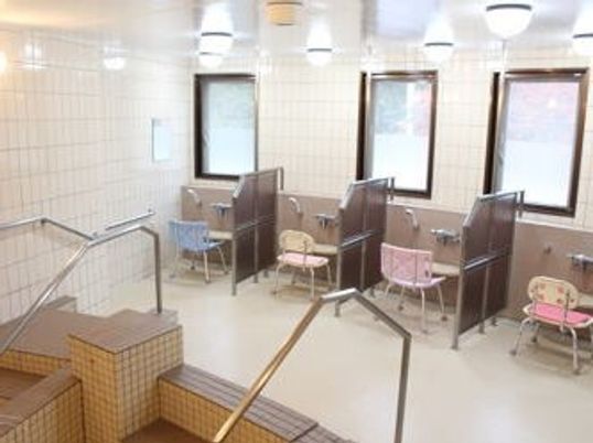 シャワーチェアが置いてある施設の洗い場。手前に手すり付きの浴槽