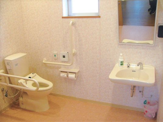 トイレは広く、車いすを利用している入居者も利用可能。可動式の手すりや呼び出しボタンもある。