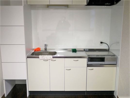 ステンレス製のキッチンはシンプルで使い勝手もよい。オール電化で安全。