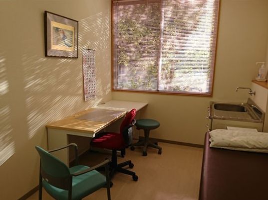 施設内にある診察室を写した写真。窓から木漏れ日が差し込んでいる様子が分かる