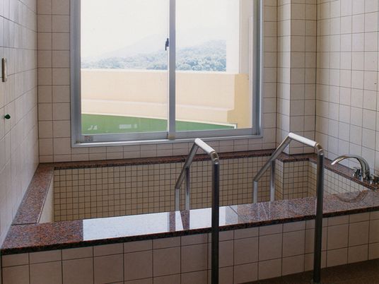 大浴場のような浴槽の様子。手すりが付いている高齢者向けの浴槽