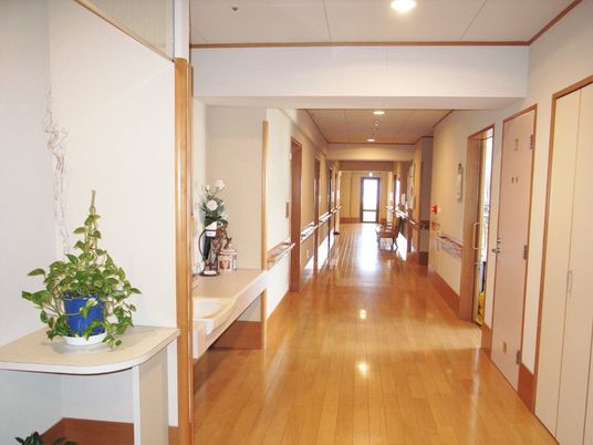 まっすぐな廊下には手すりが付き、居室のドアは引き戸、手前には観葉植物が置かれている。
