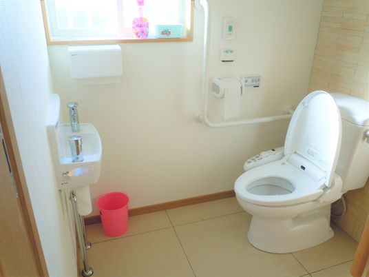 エル字型の手すりや呼び出しボタンがあるトイレは、広さも十分確保されている。