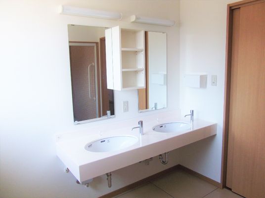 白い洗面台が二つ並び、大きな鏡が付いている。足元にはスペースがあり、車いす対応の仕様。