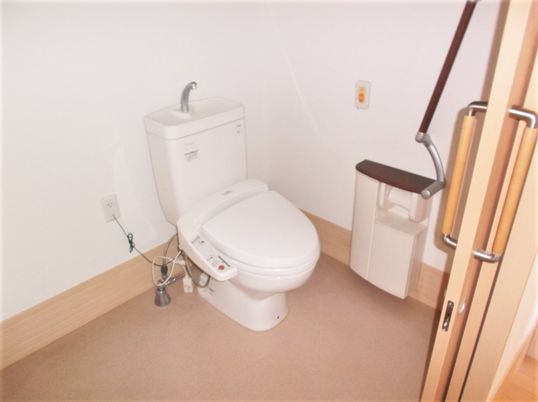 シンプルなトイレは広く、呼び出しボタンと可動式の手すりが付いている。