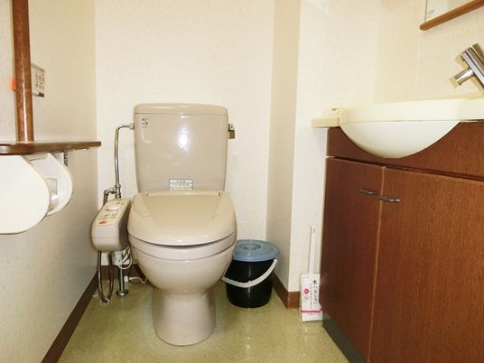 エル字型の手すりが付いたトイレにはゴミ箱が置かれ、洗面所も付いている。