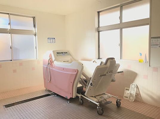 白とピンクの座ったまま入浴できる機械浴が設置され、大きな窓が複数付いた浴室。
