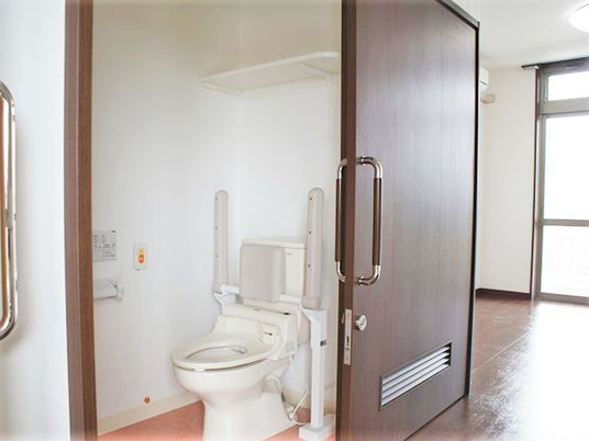 居室内にあるトイレの様子。軽めの引き戸と両側に付いた手すりがある