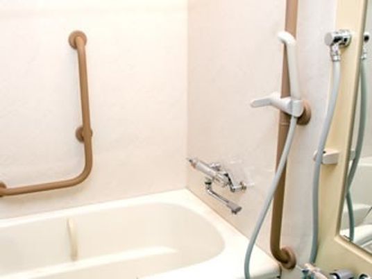 白い浴槽が設置された浴室にはシャワーやブラウンの手すり、鏡なども設置されている。