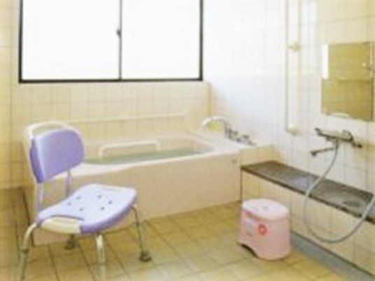 家庭的なサイズの浴槽が置かれた浴室には手すりが付き、シャワーやシャワーチェアもある。