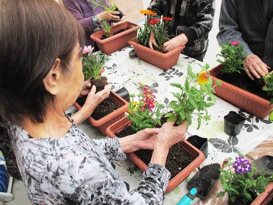 鉢植えを創っている高齢者の様子。施設内のレクリェーションの一環