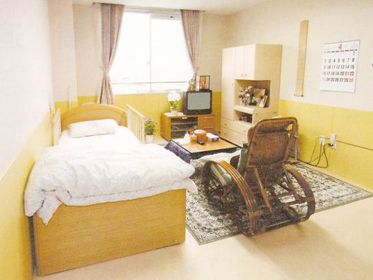 寝具付きのベッドやテレビ、収納家具やこたつなどが設置された個室の部屋。