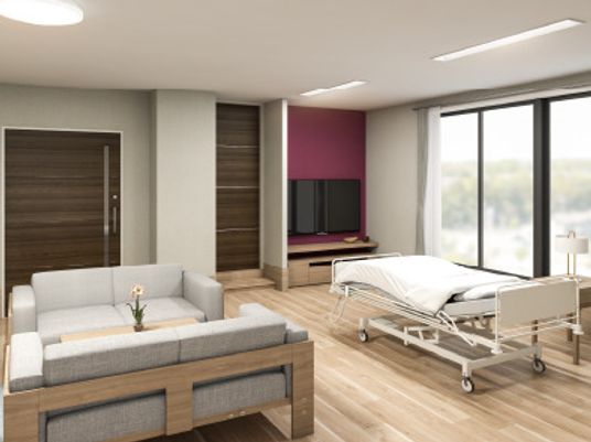 大きな窓が付いたゆったりとしたフローリングの部屋には寝具付きの介護ベッドやグレーのソファの応接セットが置かれ、窓際にはテレビもある。