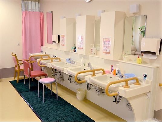 ずらりと並んだ洗面所には手すりが付いていたり、いすが置かれていたりと、使い分けができるようになっている。