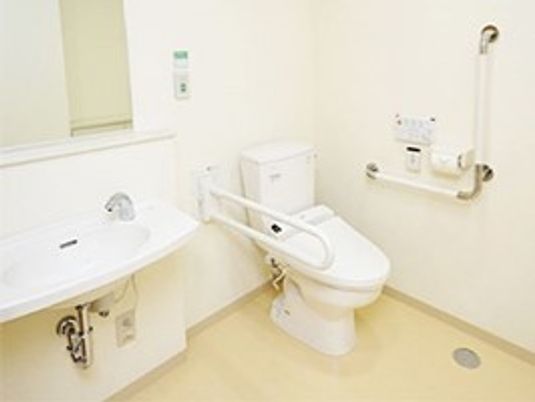 手すりが取り付けられている広めのトイレの様子。洗面台があるタイプ
