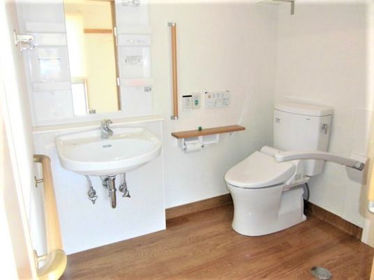 広いトイレには可動式の手すりと備え付けの手すり、呼び出しボタンが設置され、手洗い場もある。
