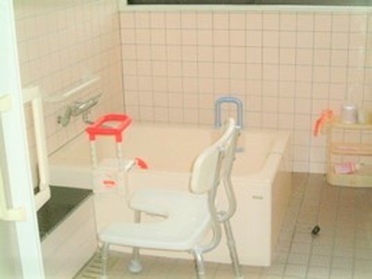 白い浴槽に壁一面に設置された手すり、左手にシャワーやシャワーチェアなどがある。