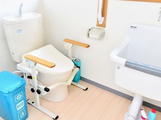 手すりが付いた便座が設置されたトイレは広く、ゴミ箱やあら場もあり、壁にはアイ字型の手すりも付いている。