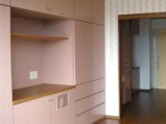 部屋についているテレビを置くスペースと収納部分。奥のほうに入り口のドア