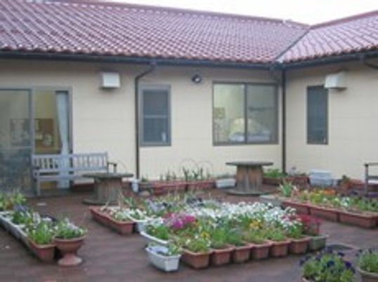 花や野菜が植えられたたくさんのプランターが並んでいて、その奥に平屋建ての建物が建っている。