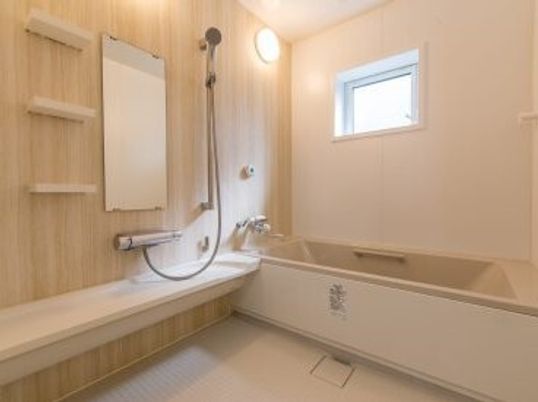 手すりや呼び出しボタンが設置された一人用の浴槽が置かれた浴室。壁には棚や鏡、シャワーも付いている。
