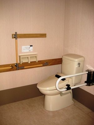 手すり付きのトイレが写っている写真。広めのスペースが確保してある