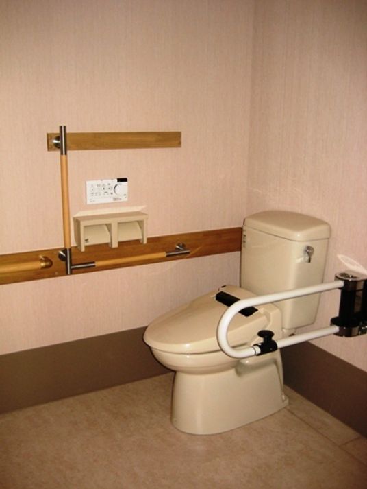手すり付きのトイレが写っている写真。広めのスペースが確保してある