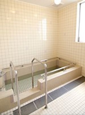手すりが付いた大きな浴槽が設置された浴室。窓が付き明るい。
