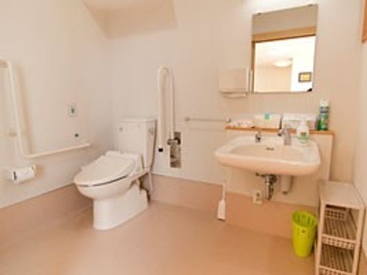 手すりが複数ついたトイレは面積も広く、手洗い場もある。