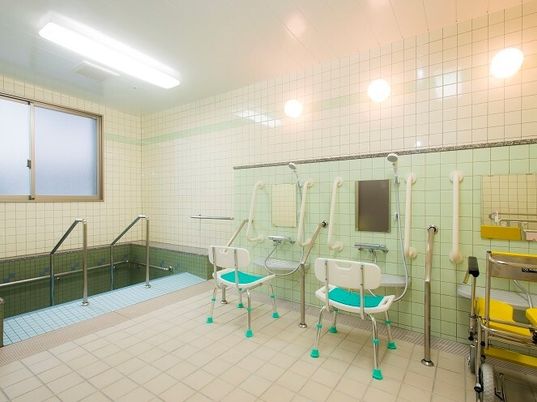 手すりとシャワーチェアがある高齢者向け浴室内の様子