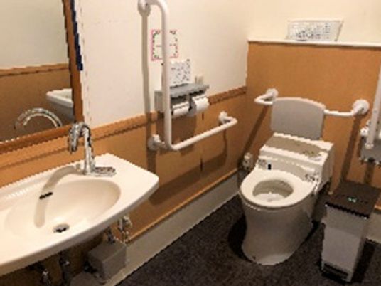 手すりと洗面台がある施設の介護仕様のトイレの様子。オールバリアフリーの床