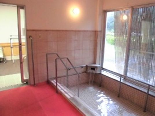 プールのような形で手すりがついている施設内の浴室。外を眺められる窓がある
