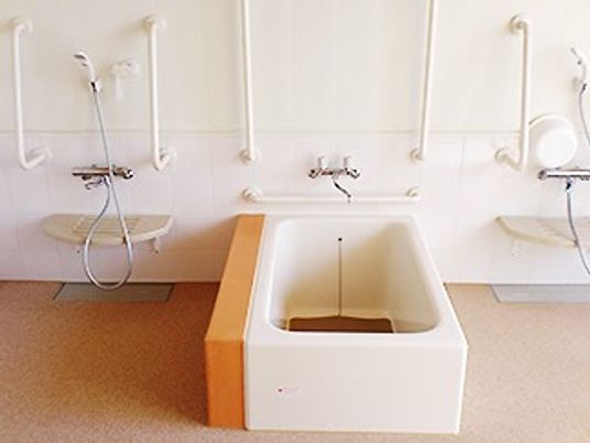 白い浴槽が設置された浴室にはシャワーや手すりなども設置されている。