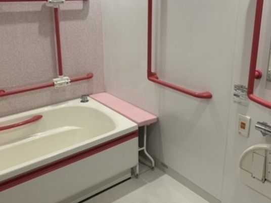 赤い手すりがたくさん付いた家庭的なサイズの浴室にはオレンジの呼び出しボタンも付いている。
