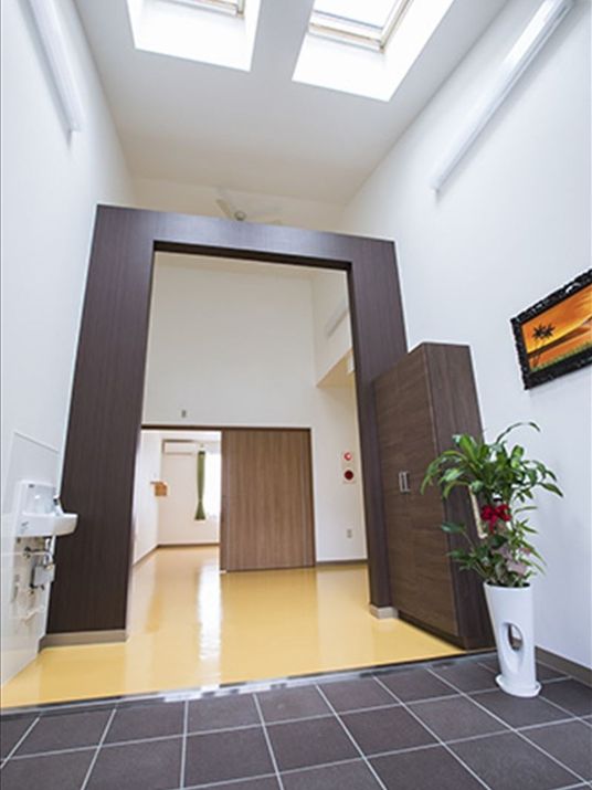 エントランスは天井からも陽の光が降り注ぐ明るいスペース。段差もなく洗面所や観葉植物が置かれている。