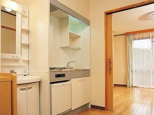 キッチンスペースがある居室の様子。洗面台や窓がある様子がわかる