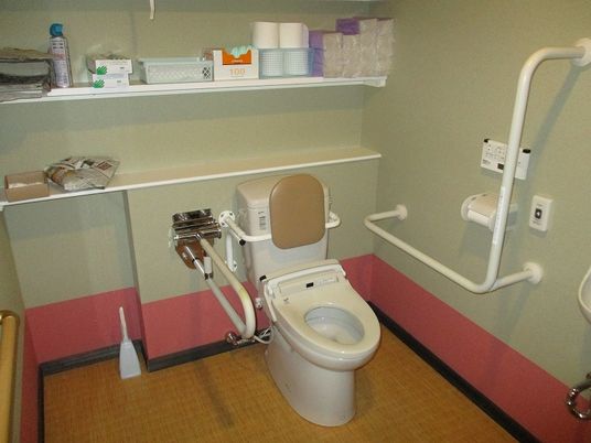 手すりがついた施設のトイレの様子。介護仕様の設備がついたトイレ