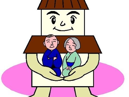 着物を着た高齢の男女を抱えている茶色い屋根が付いた2階建ての家には手足が付いている。