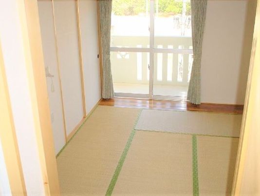 畳敷きの部屋には家具などはなく、大きな窓にはカーテンが付き、外にはベランダが付いている。