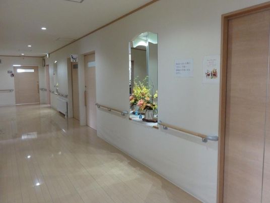 きれいに掃除がされている廊下には黄色やピンクの花が活けられ、壁には手すりが設置されている。