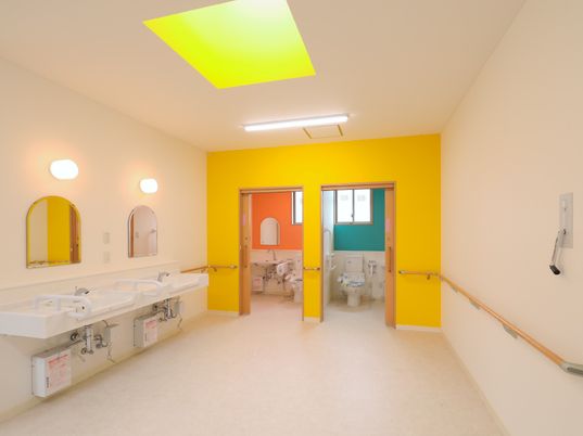黄色いフチがある洗面台とトイレのスペース。手すりが取り付けてある
