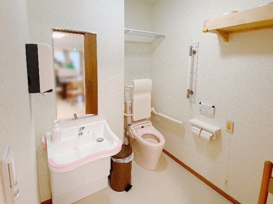 洗面台が近くにあるトイレスペースの様子。手すりと緊急コールがついているスペース