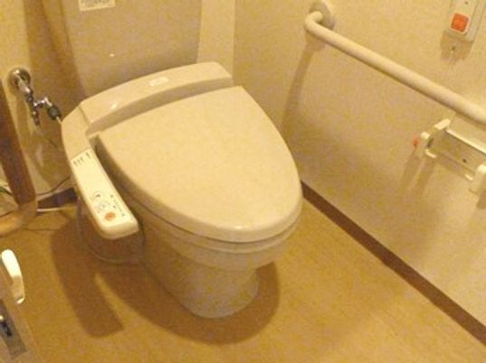 オレンジの呼び出しボタンや手すりが付いたトイレはシンプルなデザイン。トイレットペーパーホルダーもある。